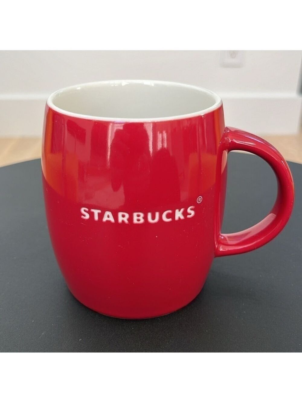 STARBUCKS 2011 Red Barrel Shape Coffee Tea Mug Incised Spellout  Logo 14 oz